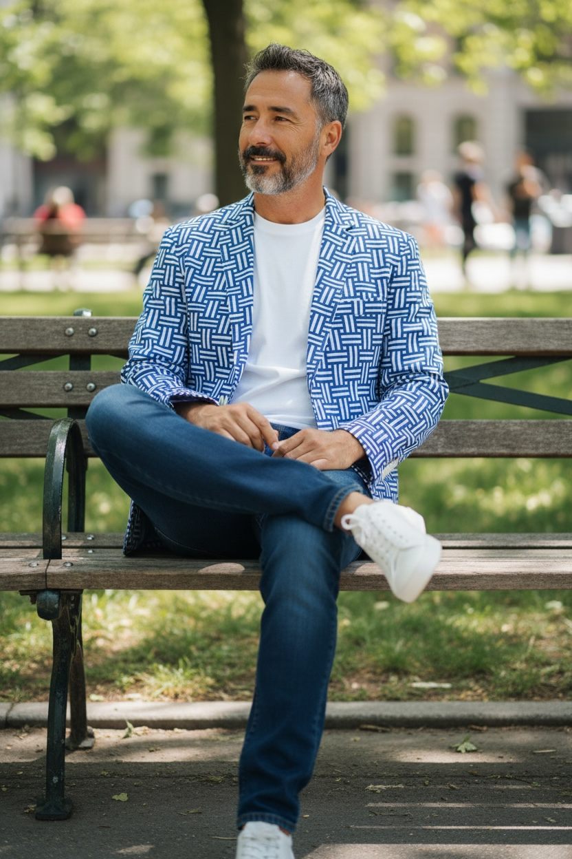 Blue and White Modern Basketweave Blazer