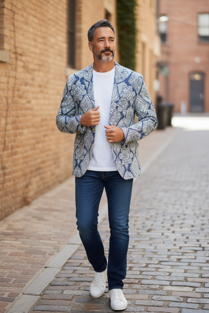 Blue White Geo Diamond Blazer
